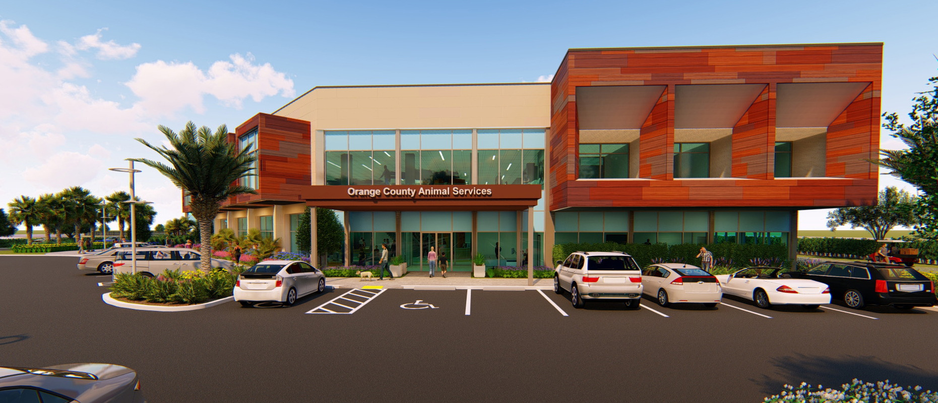 A rendering of the approved two-story shelter for Orange County Animal Services.